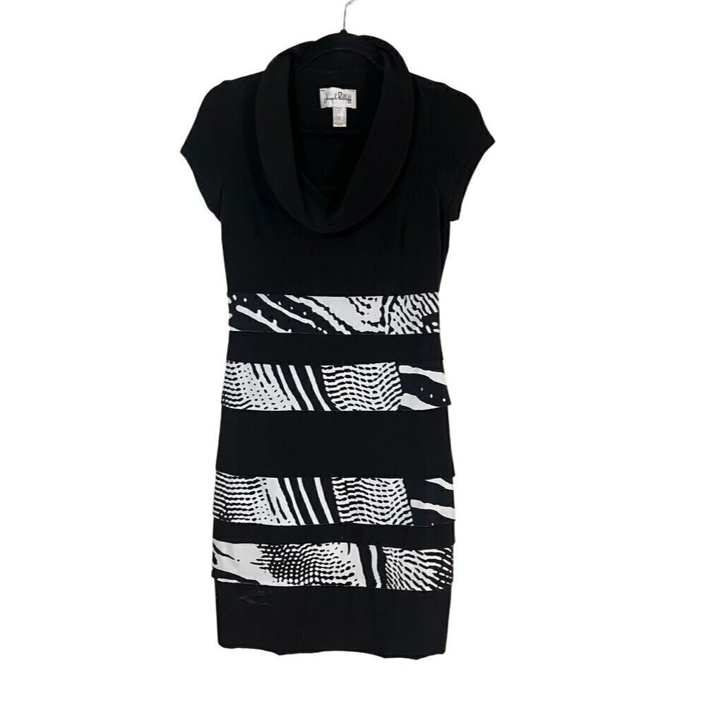 Joseph Ribkoff Animal Print Dress 4 Black Cowl Neck Midi LBD Striped Bodycon 80s
